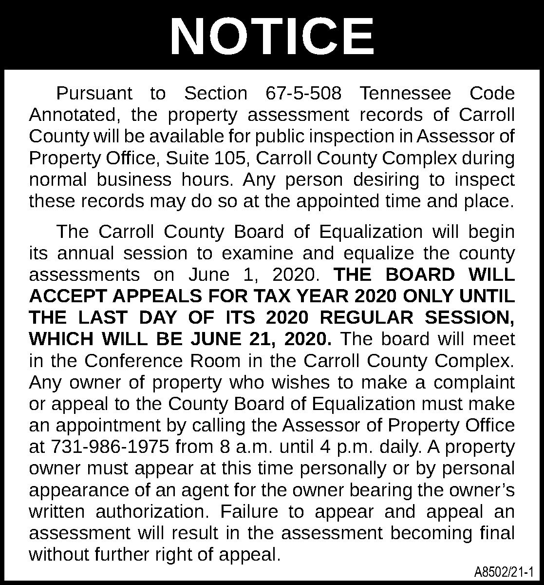 Notice Carroll Co Property Assessor The Mckenzie Banner
